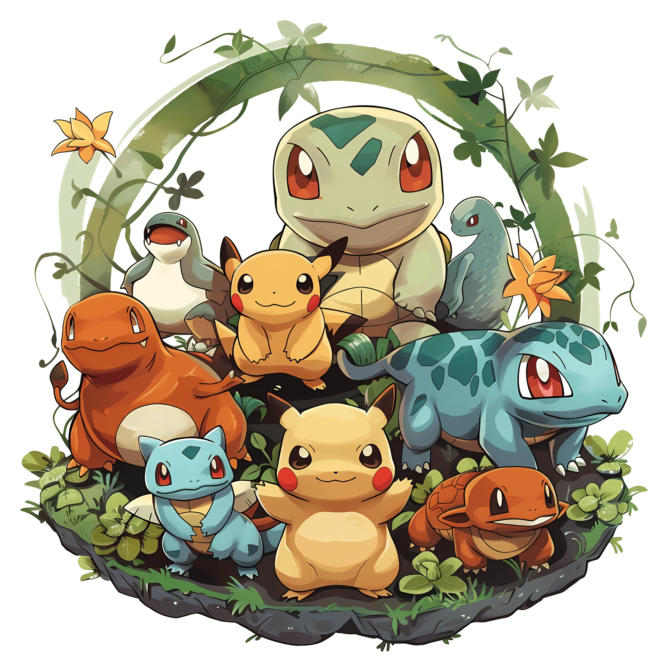 PokéFort artwork - starter Pokémon gathered in a vine ring